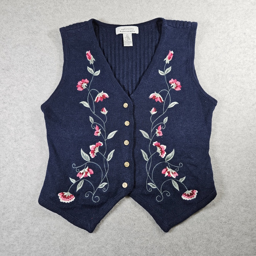 Sophisticates Navy Blue Cottagecore Floral Embroidered Sweater Vest Sz L